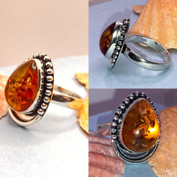 Dainty Amber Gemstone Handmade Halo Boho Ring - Picture 3 of 4